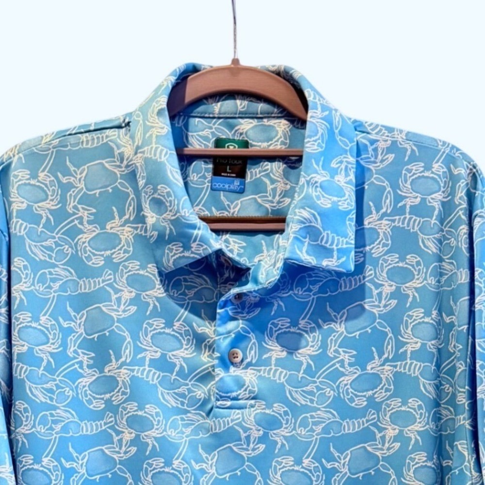 Pro Tour‎ Coolplay Mens Large Blue Beach Crab Lobster Print Golf Polo Shirt